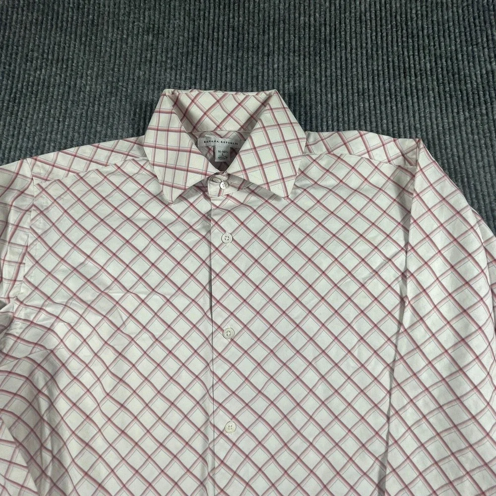 Banana Republic Shirt Mens L 16 White‎ Button Cotton Plaid Wedding French Cuffs